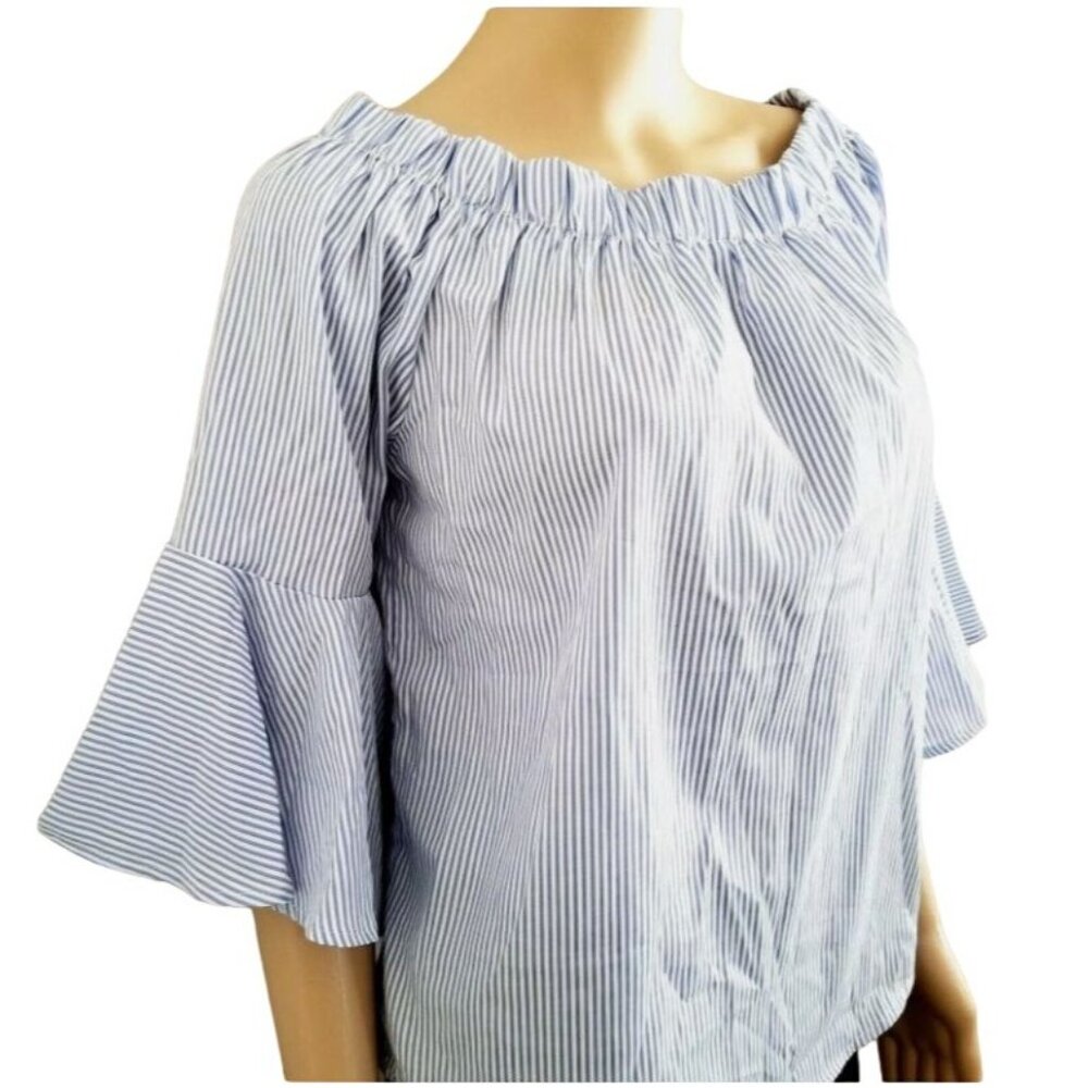 Kontrol Contemporary Blue & White Stripe Off-Shoulder 3/4 Sleeve Blouse Medium - Picture 4 of 13